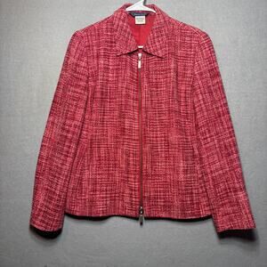 VTG Austin Reed Red Textured Silk Zip‎ Jacket M Classic Luxe Tailored Statement
